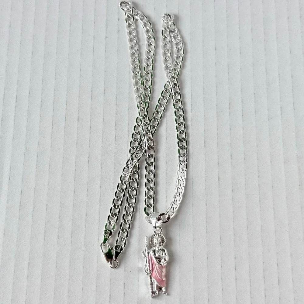 St Jude Pendant Pink Mantle Silver Plated -chain 20